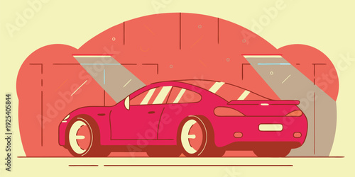 Stylized red sports car illustration showcased under bright spotlights with sleek modern design