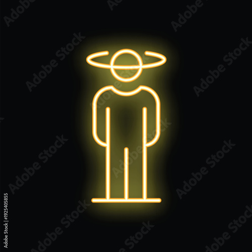 Neon sign representing a businessman with a planet orbiting around his head on a black background