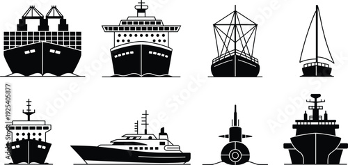 Black and white silhouette vector collection of eight different marine transport ships, including cargo vessel, cruise liner, and military submarine.