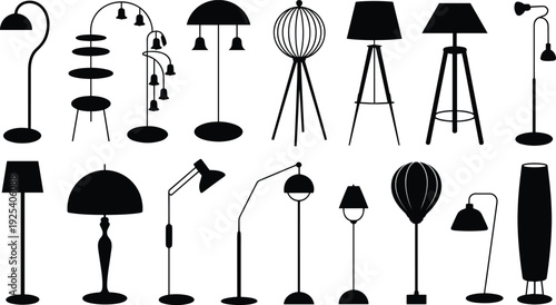 Black and white silhouette vector collection of fifteen diverse modern standing floor lamps for interior home lighting design projects.
