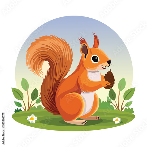 Cartoon squirrel holding nut on green grass background