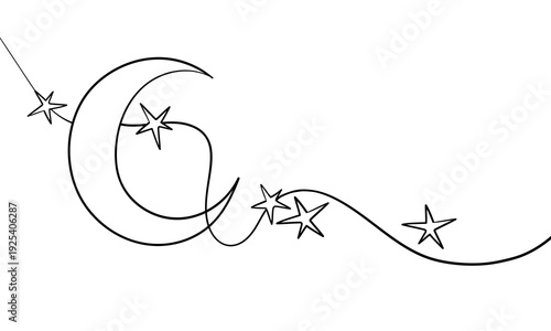 Moon and stars, continious line drawing. Celestial mystical sky sketch. Magic, esotericism, occultism line art. Vector illustration