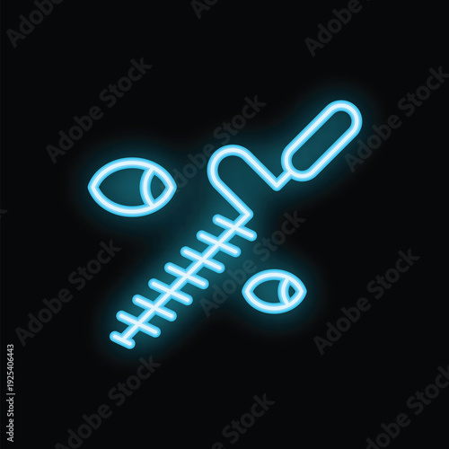 Blue neon icon of a zipper closing a pair of eyes, on black background