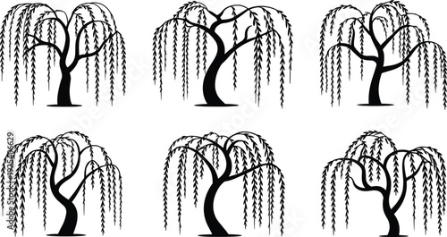Black and white silhouette vector collection of six weeping willow trees with long drooping branches for landscape graphic design projects.