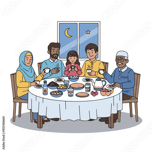 Family eating together at dinner table.