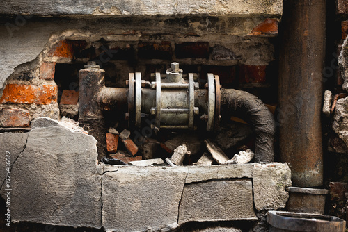 Broken Pipe With Large Shut-Off Valve In Broken Bricks Wall