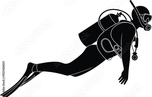 Scuba Diver Underwater Swimming Silhouette with Equipment Vector Illustration Isolated Design