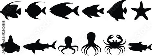 Black and white silhouette vector collection of twelve ocean sea creatures, including sharks, octopuses, crab, starfish, and swimming tropical fish.