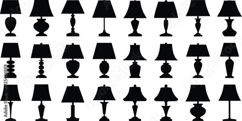 Black and white silhouette vector collection of twenty four modern and classic table lamps for interior lighting graphic design projects.