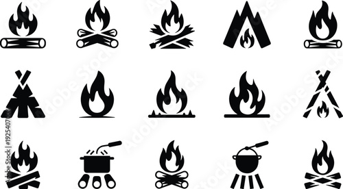 Black and white silhouette vector set of fifteen campfire icons with burning logs and cooking pots for outdoor graphic design.