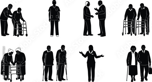 Senior care and medical staff silhouettes elderly assistance walking aid healthcare vector collection