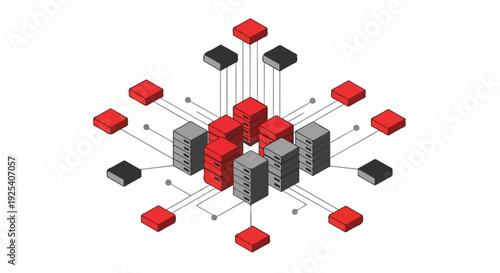Abstract digital network concept with connected servers and nodes in a futuristic isometric design