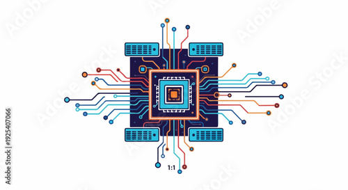Abstract digital circuit board illustration with glowing blue and orange lines on a white background