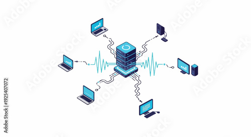 Central server connected to multiple devices, representing network, data, and technology concepts