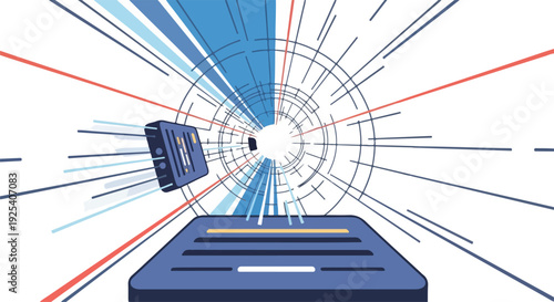 Abstract digital tunnel with glowing lines and a book flying towards the viewer, symbolizing knowledge and speed.