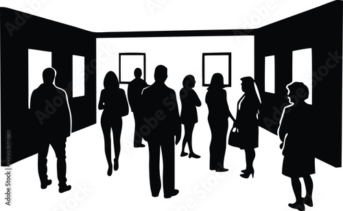  Monochrome gallery visit showcasing art admirers in sumi-e style silhouette vector1