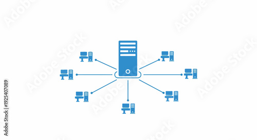 Centralized computer server connected to multiple client computers in a network diagram, technology concept