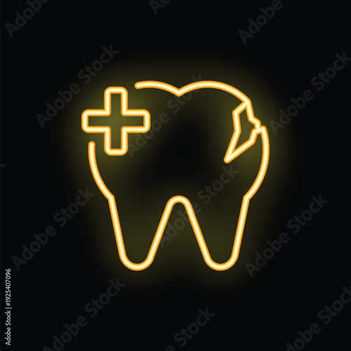 Yellow neon icon of a broken tooth with a glowing cross symbolizing dental care and repair