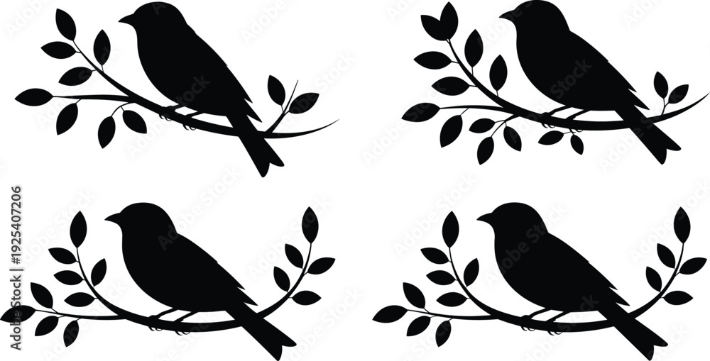 Fototapeta premium Black silhouette vector collection of four small wild birds resting gracefully on curved leafy branches for nature graphic design projects.