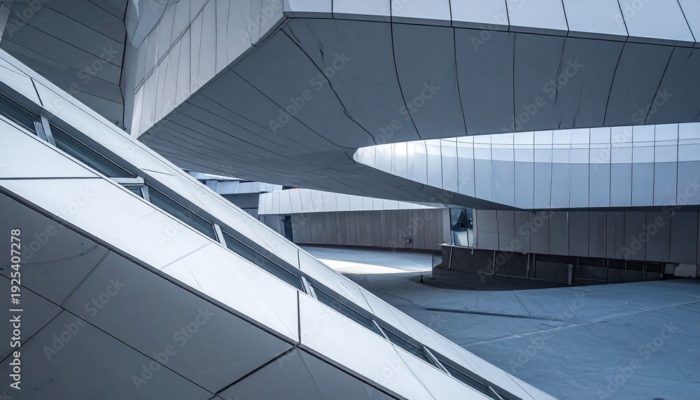Fototapeta premium A perspective of a modern metal escalator within a glass building structure showcases industrial steel design and interior light through the ceiling