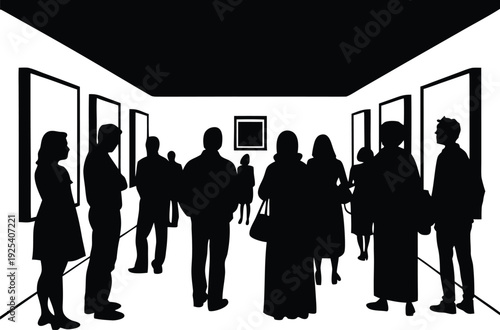  Monochrome gallery visit showcasing art admirers in sumi-e style silhouette vector1