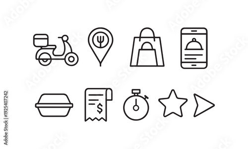 Food Delivery Icon Set Vector Illustration with Scooter, Smartphone, Takeout, Payment, and Location