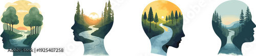 Watercolor symbolic illustration of a human head opening to reveal a serene forest landscape with a river and trees, representing a calm mind set isolated on white background