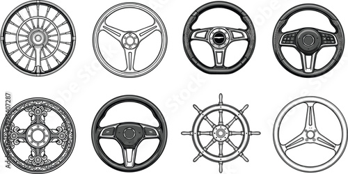 Steering wheel collection including vintage ship helm and modern car steering wheel vector illustration set