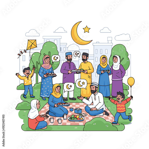 Muslim family having outdoor picnic together.