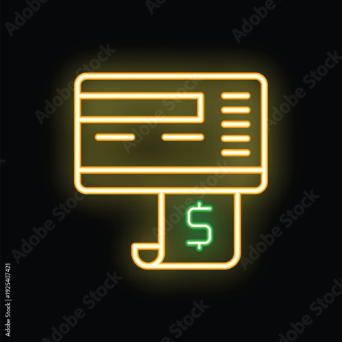 Neon atm is printing money on black background, concept of financial technology and easy access to cash