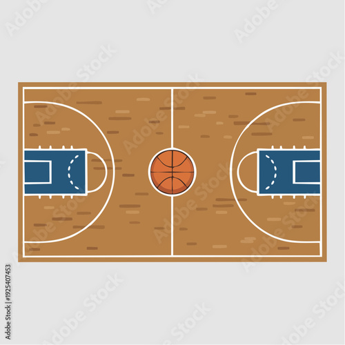 Illustration of a basketball court with markings and a ball.