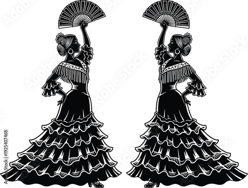 Spanish Flamenco Dancer Silhouette Set with Traditional Dress and Fan Elegant Cultural Performance Illustration