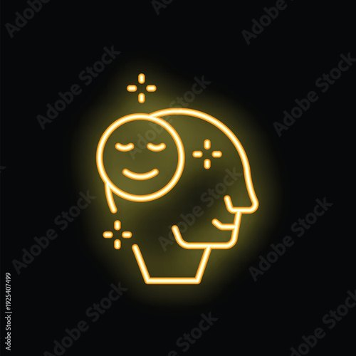 Neon yellow glowing human head profile with smiling face inside, representing mental health, self acceptance, positive thinking and psychology