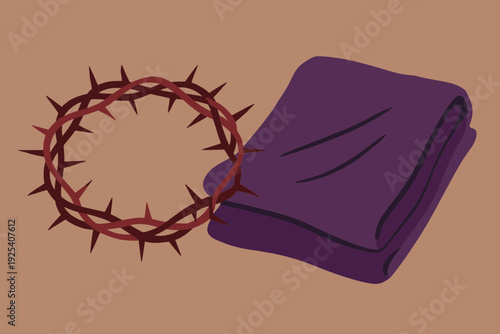 Flat vector crown of thorns and purple robe folded beside it, dark red thorns and purple fabric