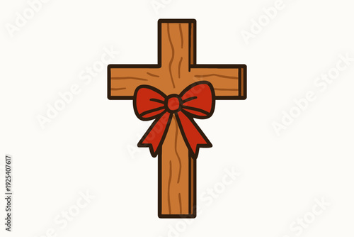 Flat vector illustration of a wooden cross with a red ribbon tied around it