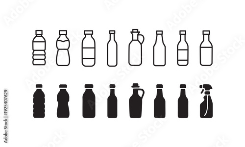 Bottle Icon Set Vector Illustration with Water, Soda, Oil, Condiment, and Spray