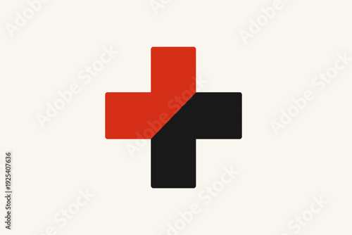 Flat vector minimal line cross made of solid color blocks in red and black