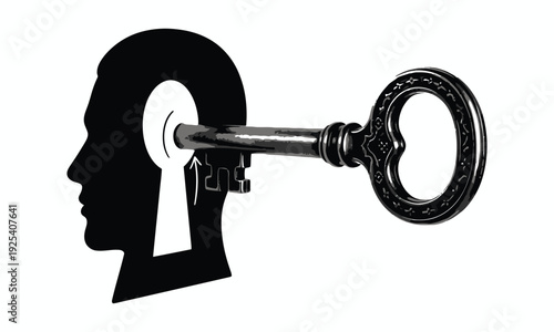 Black silhouette of a human head with a large oldfashioned key inserted into the ear, isolated on white background
