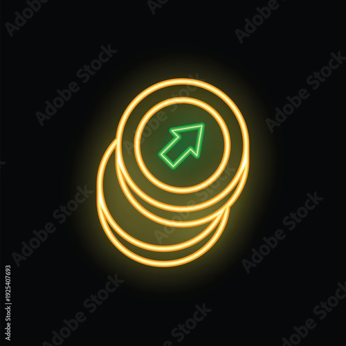 Neon sign showing three coins with up arrow on a black background