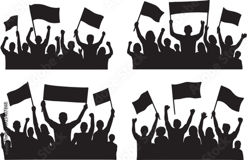 Crowd of cheering people with flags and scarves, stadium fans celebrating victory, sports audience vector illustration