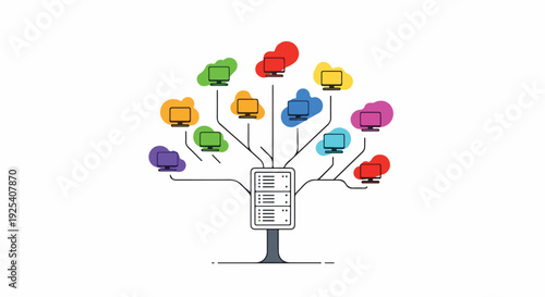 Abstract computer network tree with colorful clouds and desktop computers connected to a central server