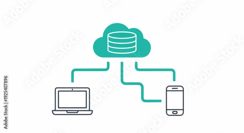 Cloud computing data storage concept with laptop and smartphone connected to a database icon on a cloud