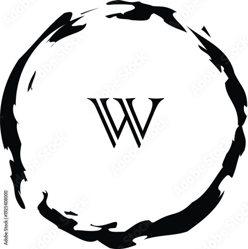  Elegant letter W monogram inside a black ink brush stroke circle on a clean white background