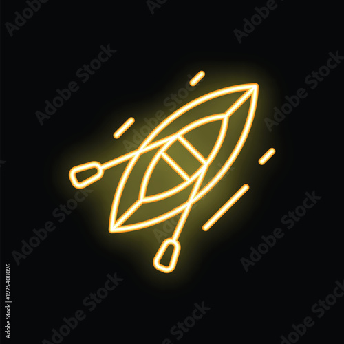 Yellow neon sign of a kayak moving fast with motion lines on black background