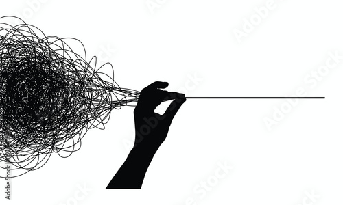 A hand holding a string with scribbles coming out of it on white background