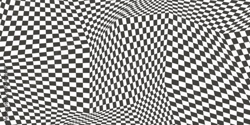 Trippy checkerboard background. Retro psychedelic checkered wallpaper. Wavy groovy chessboard surface. Distorted geometric pattern. Abstract monochrome vector backdrop design eps10