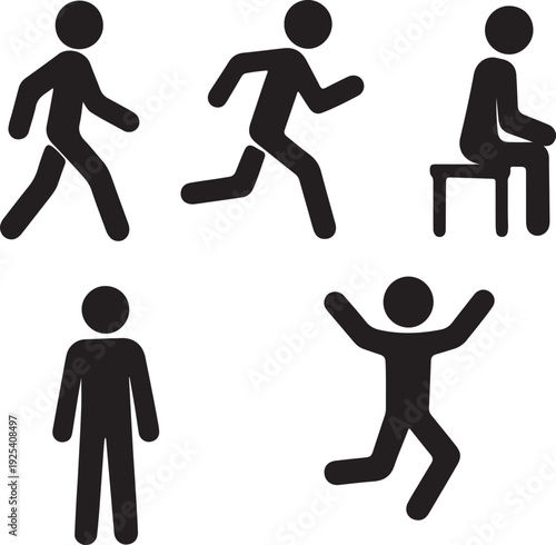 Stick figure human action poses set showing walking running sitting standing jumping