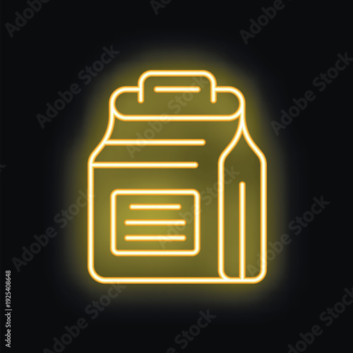 Bright yellow neon icon of a take away food box glowing on black background, ideal for food related designs