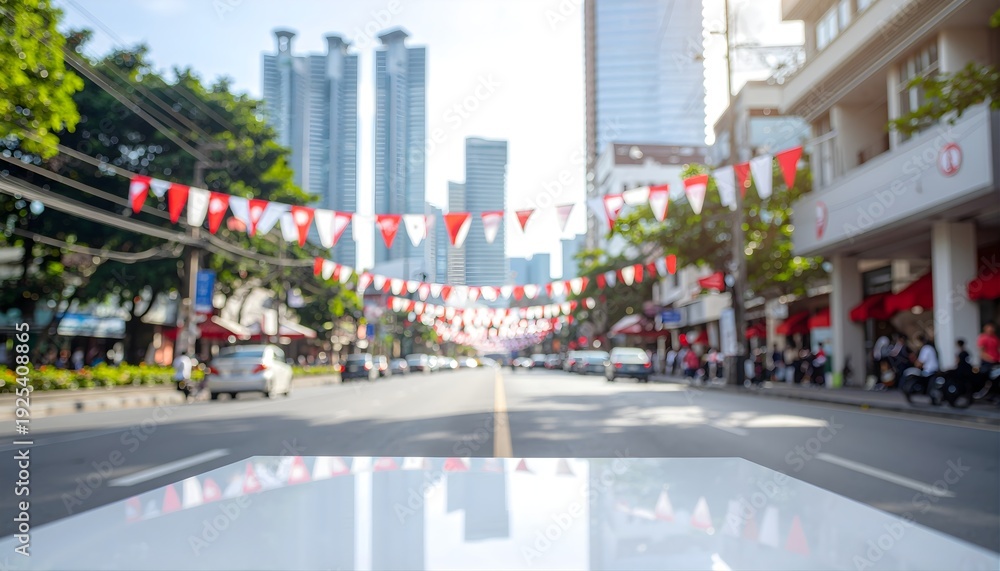 Fototapeta premium Blurred Urban Street with Festive Flags