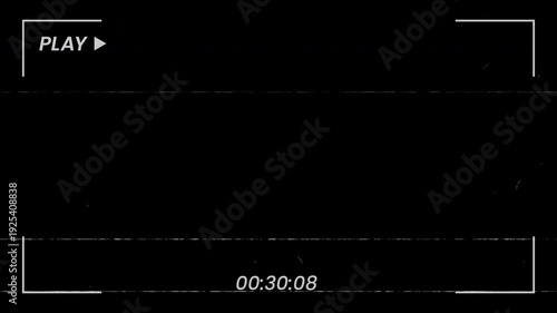 Retro VHS camcorder frame with play icon, timer, and analog glitch noise, 4k alpha channel